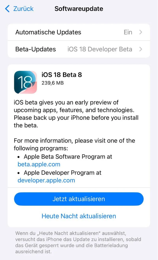 沙湾苹果手机维修分享苹果 iOS / iPadOS 18 开发者预览版 Beta 8 发布 